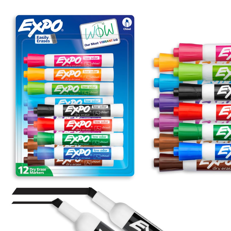 EXPO Low Odor Dry Erase Markers, Chisel Tip, Assorted Colors, 12 Count - Image 1