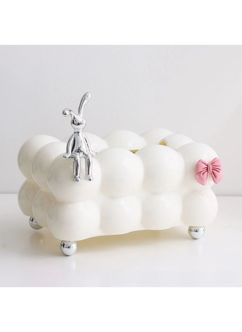 Generic - Cute Creative Cotton Candy Tissue Box HolderSitting rabbit tissue box + bow + bead feet [cream white]] Sitting rabbit tissue box + bow + bead feet [cream white]] - Image 1