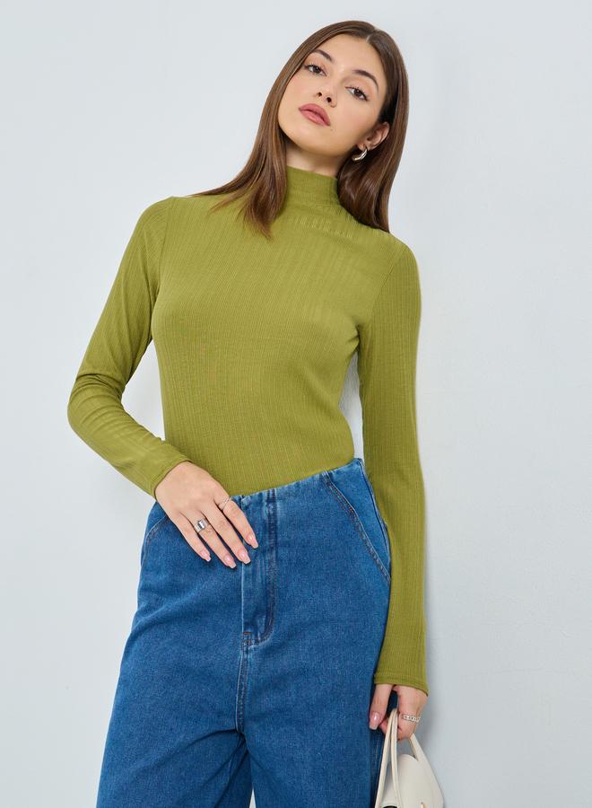 Styli Green Ribbed Knit High Neck Top - Image 1