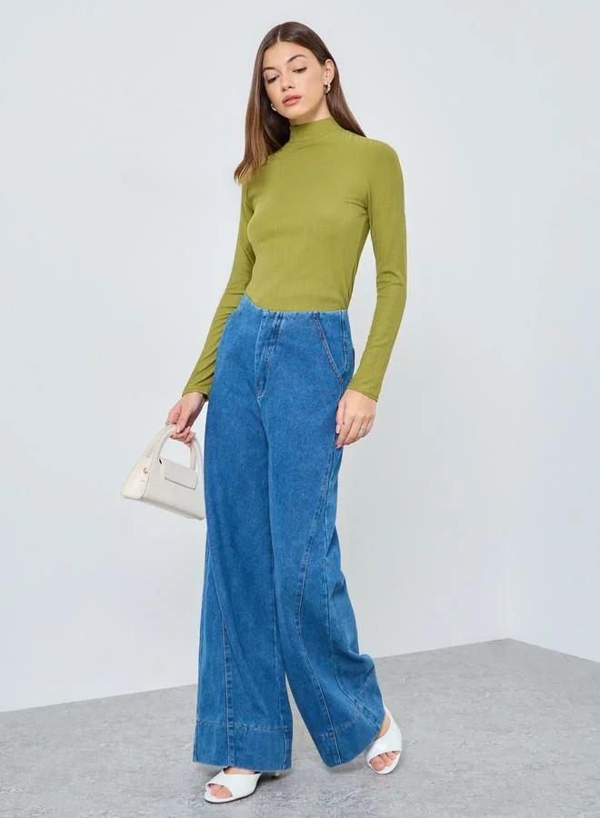 Styli Green Ribbed Knit High Neck Top