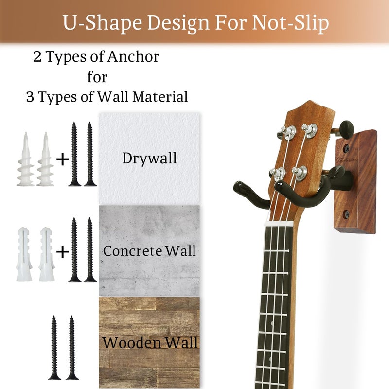Onmiwod Ukulele Wall Mount Hanger 2 Pack, Black Walnut Wood U-Shaped Ukulele Holder Hanger, Ukulele Wall Mount Hook for Ukulele Banjo Mandolin Concert Pineapple Soprano Tenor and Baritone - Image 3