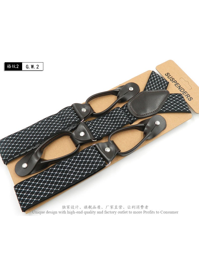 Generic British Style Button Suspenders 3.5cm Wide Plaid 2 white grid +120cm 