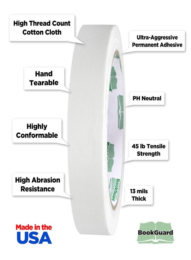 بوك جارد شريط قماشي فاخر لإصلاح تجليد الكتب من بوك جارد، عرض 0.75 بوصة، لفة بطول 15 ياردة، أبيض - Image 2