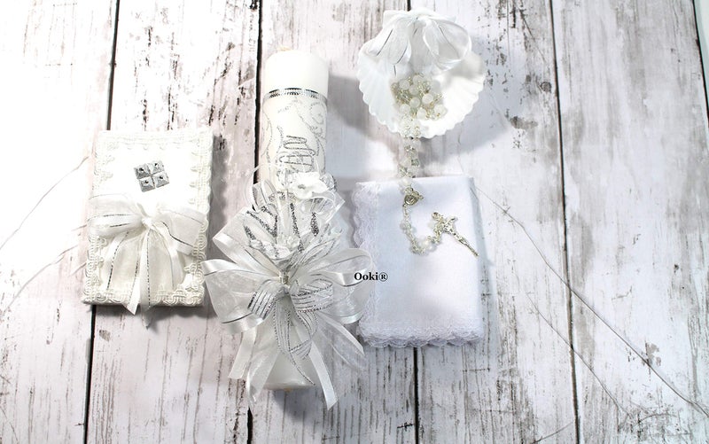 Elegant 5 Piece Baby Baptism Candle Set Favors Girl Boy White Set de Bautizo Espanol Nina Nino Berries Communion Lace White