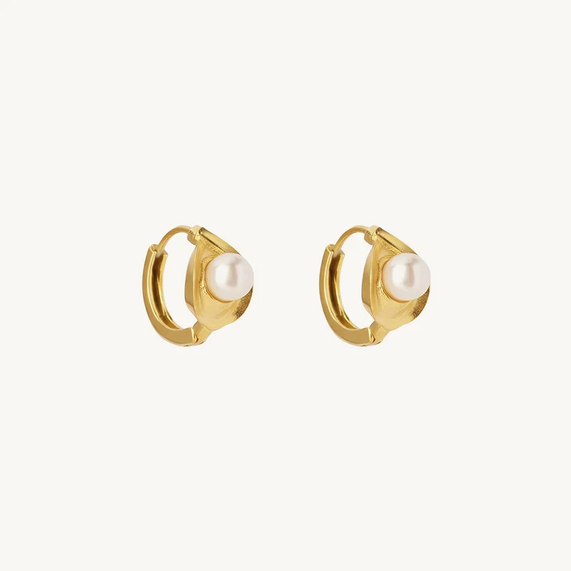 بالموناس 18K Gold Tone Plated Pearl Accent Mini Hoop Earrings For Women - Waterproof & Anti-Tarnish