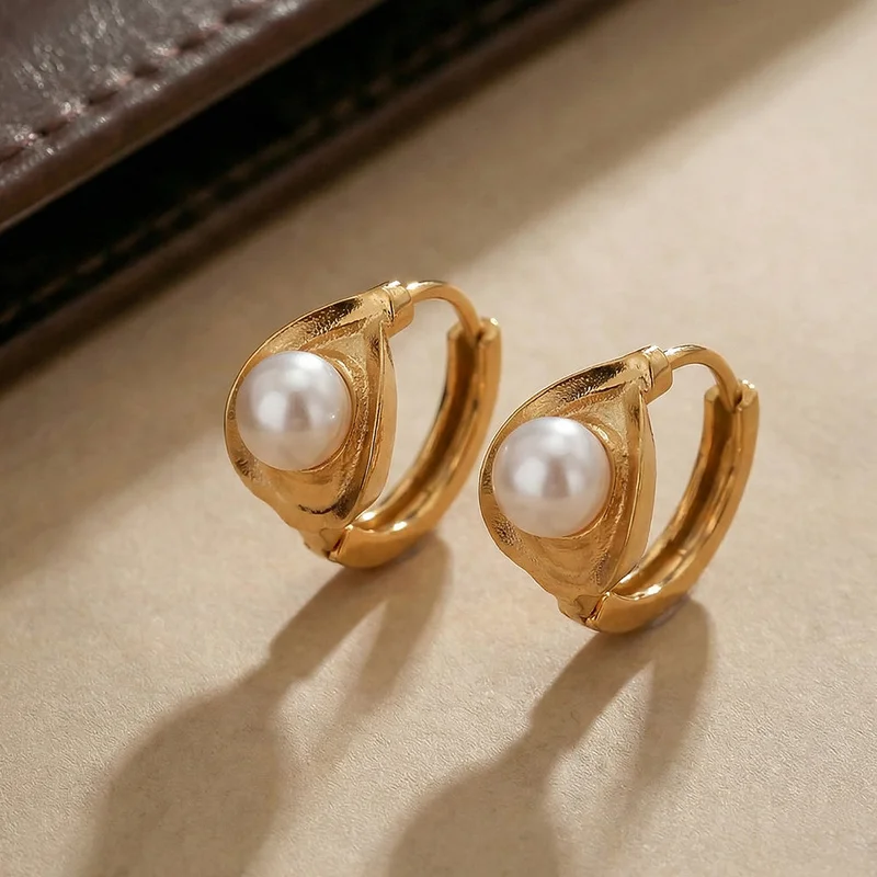 بالموناس 18K Gold Tone Plated Pearl Accent Mini Hoop Earrings For Women - Waterproof & Anti-Tarnish