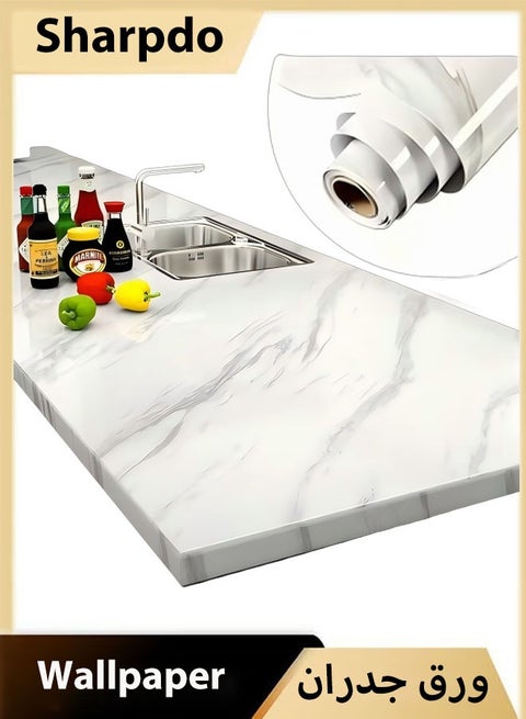 ورق حائط أبيض ورق حائط أبيض مقشر ولصق ورق حائط رخامي لاصق على ورق الحائط ورق حائط ذاتي اللصق (أبيض مخطط رمادي، 3م × 60 سم)