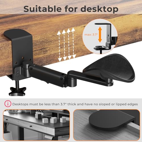 JOY worker Universal Clamp-on Adjustable Arm Rest, Ergonomic 360° Rotating Elbow Rest Pad for Desk, 6-Level Height Desk Arm Support for Thicker Desktop, Left/Right Hand, Black - Image 4