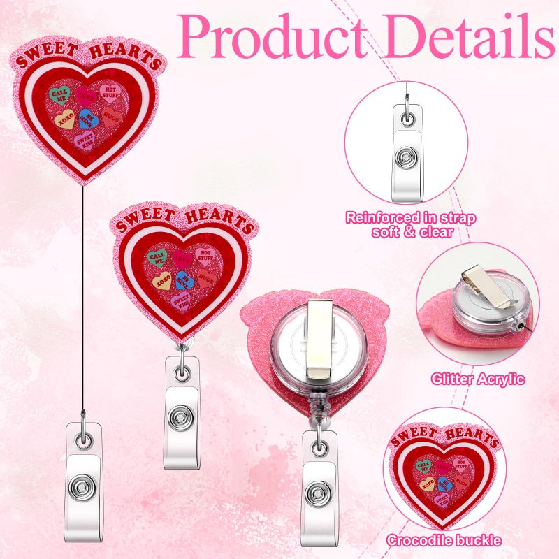 Tinlade 12 Pcs Valentine Badge Reels Retractable Pink Conversation Heart Badge Reels Cute Glitter Name Tag Reel Acrylic Alligator Clip Lovely Valentine Gift for Nurse Worker Women Office Staff - Image 3
