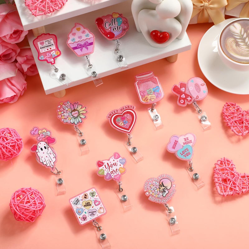 Tinlade 12 Pcs Valentine Badge Reels Retractable Pink Conversation Heart Badge Reels Cute Glitter Name Tag Reel Acrylic Alligator Clip Lovely Valentine Gift for Nurse Worker Women Office Staff - Image 4