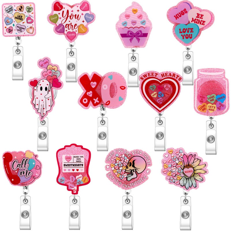 Tinlade 12 Pcs Valentine Badge Reels Retractable Pink Conversation Heart Badge Reels Cute Glitter Name Tag Reel Acrylic Alligator Clip Lovely Valentine Gift for Nurse Worker Women Office Staff - Image 1