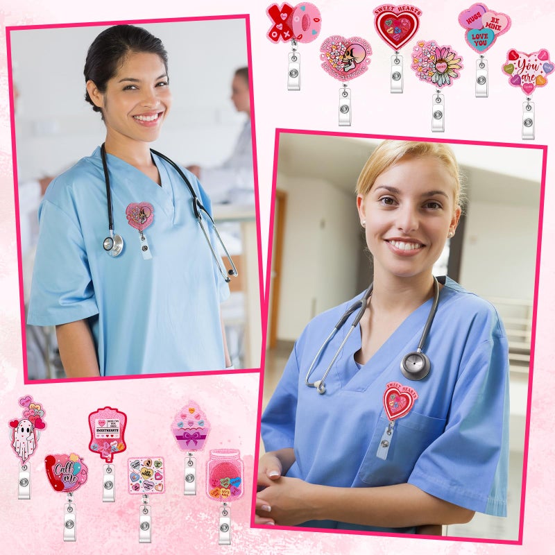 Tinlade 12 Pcs Valentine Badge Reels Retractable Pink Conversation Heart Badge Reels Cute Glitter Name Tag Reel Acrylic Alligator Clip Lovely Valentine Gift for Nurse Worker Women Office Staff - Image 5