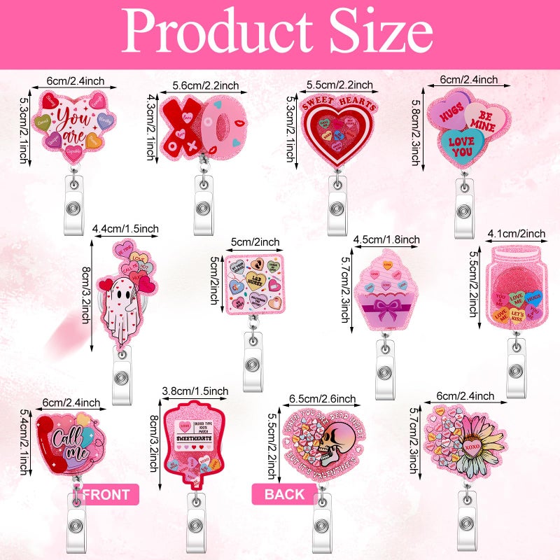 Tinlade 12 Pcs Valentine Badge Reels Retractable Pink Conversation Heart Badge Reels Cute Glitter Name Tag Reel Acrylic Alligator Clip Lovely Valentine Gift for Nurse Worker Women Office Staff - Image 2
