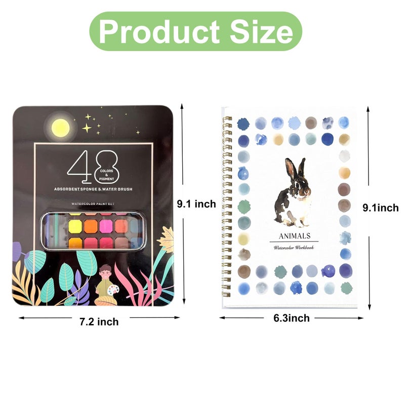Hukalw 2 Pcs Watercolor Workbooks, Coloring Book Beginner Friendly Painting Kit, 12 Different Patterns of Original DIY Designs, 48 Colors Watercolor Paint Set with Palette and Brush - Image 2
