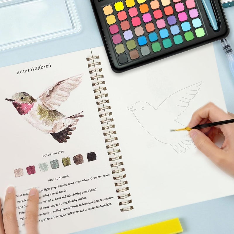 Hukalw 2 Pcs Watercolor Workbooks, Coloring Book Beginner Friendly Painting Kit, 12 Different Patterns of Original DIY Designs, 48 Colors Watercolor Paint Set with Palette and Brush - Image 4