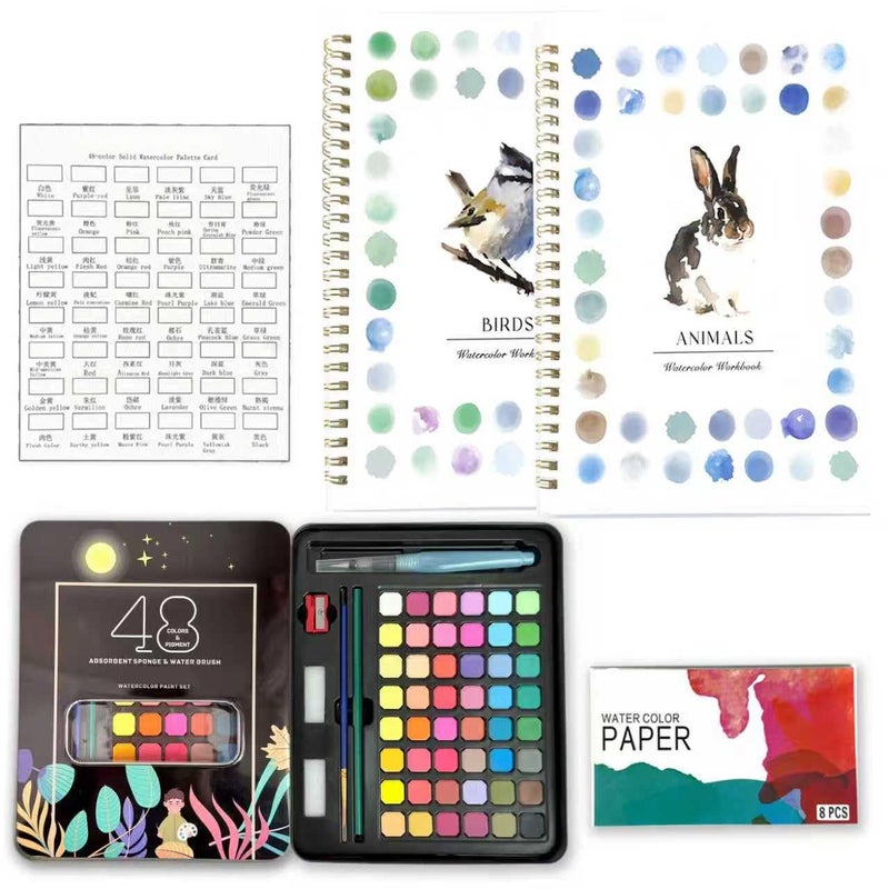 Hukalw 2 Pcs Watercolor Workbooks, Coloring Book Beginner Friendly Painting Kit, 12 Different Patterns of Original DIY Designs, 48 Colors Watercolor Paint Set with Palette and Brush - Image 1