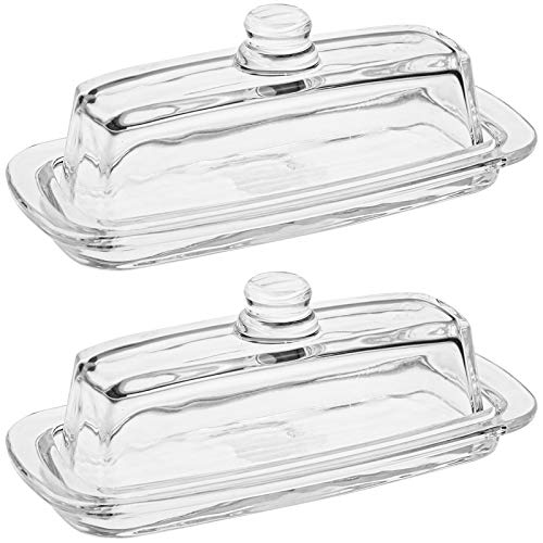 Hedume Set of 2 Glass Butter Dish with Handled Lid Classic Clear 2Piece Design Butter Keeper Food Safe and Dishwasher Safe Standard Size of Butter Dish