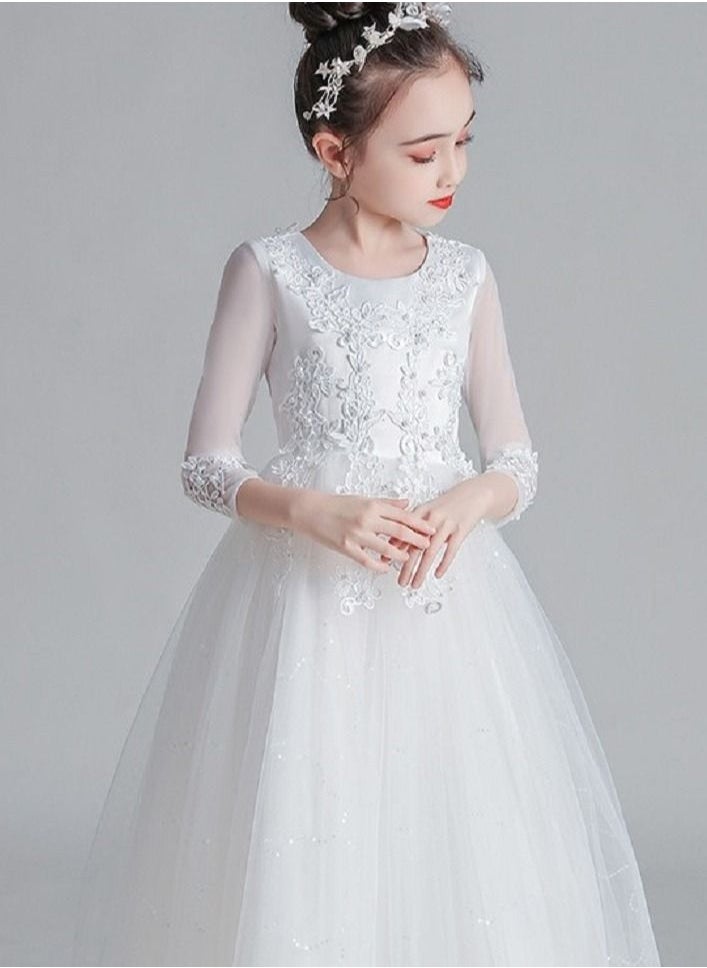 Best Gift Fashion - Girl'S Long Sequin Gown With Long Sleeves For birthday Party Dress White Color - Image 1
