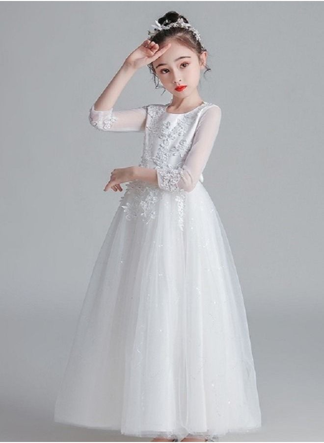 Best Gift Fashion - Girl'S Long Sequin Gown With Long Sleeves For birthday Party Dress White Color - Image 1