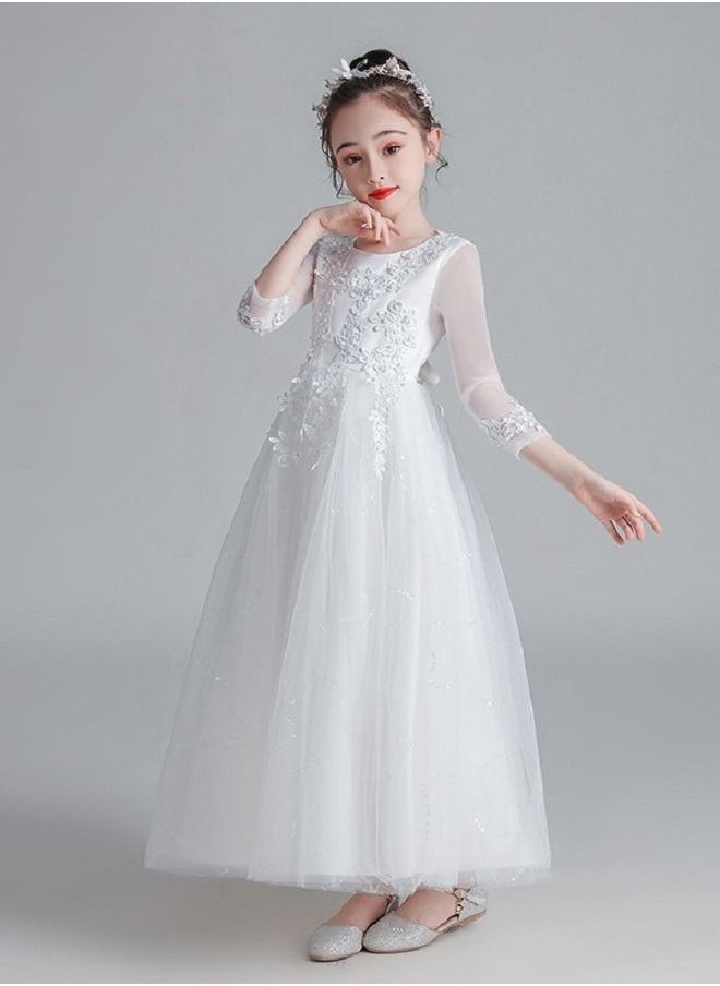 Best Gift Fashion - Girl'S Long Sequin Gown With Long Sleeves For birthday Party Dress White Color - Image 1