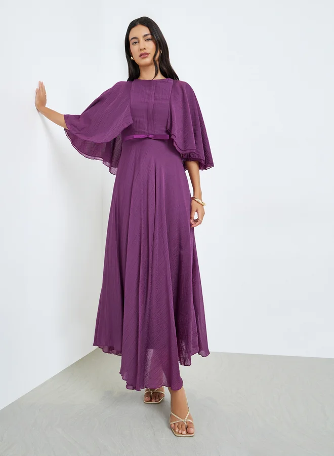 Purple Cape Sleeve A-Line Maxi Dress