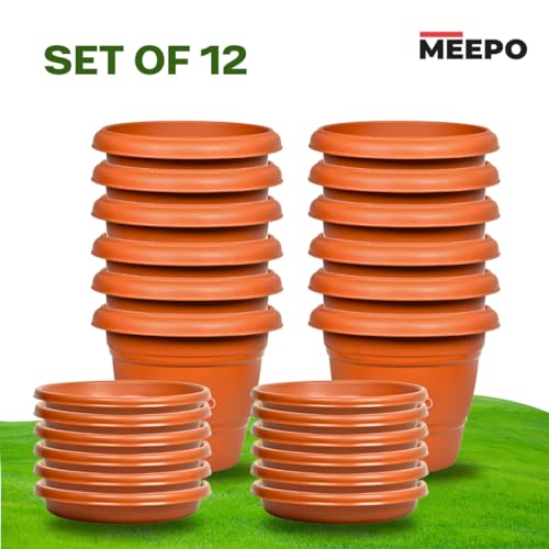 Meepo Brown 14 Inch Planters - 12 Pcs, Gamla Pots for Home, Indoor Outdoor Flower Pots, Drip Tray Pots with Plates - Image 3