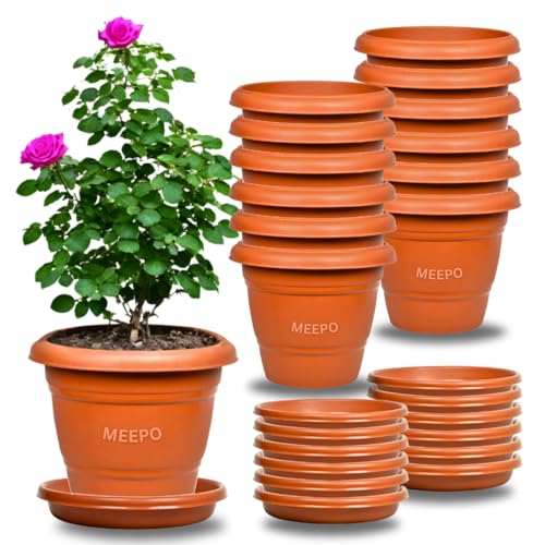 Meepo Brown 14 Inch Planters - 12 Pcs, Gamla Pots for Home, Indoor Outdoor Flower Pots, Drip Tray Pots with Plates - Image 1