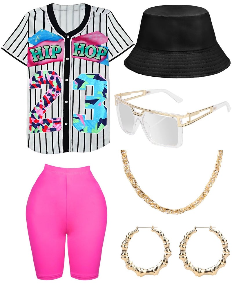 WILDPARTY 80s 90s Outfit for Women, Unisex Hip Hop Costume Baseball Jersey Shirt Yoga Pants Bucket Hat Gold Chain Rapper Accessories - Image 1