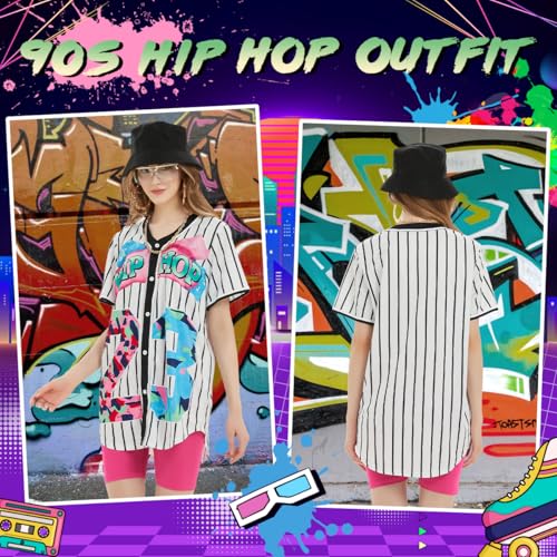 WILDPARTY 80s 90s Outfit for Women, Unisex Hip Hop Costume Baseball Jersey Shirt Yoga Pants Bucket Hat Gold Chain Rapper Accessories - Image 5