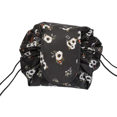 NIRVIK Women’s Portable Waterproof Cosmetic Bag | Lazy Travel Makeup Organizer with Drawstring, Compact & Multi-Pocket Toiletry Bag, Versatile Storage for Makeup & Travel (Black Floral Bag) - Image 3