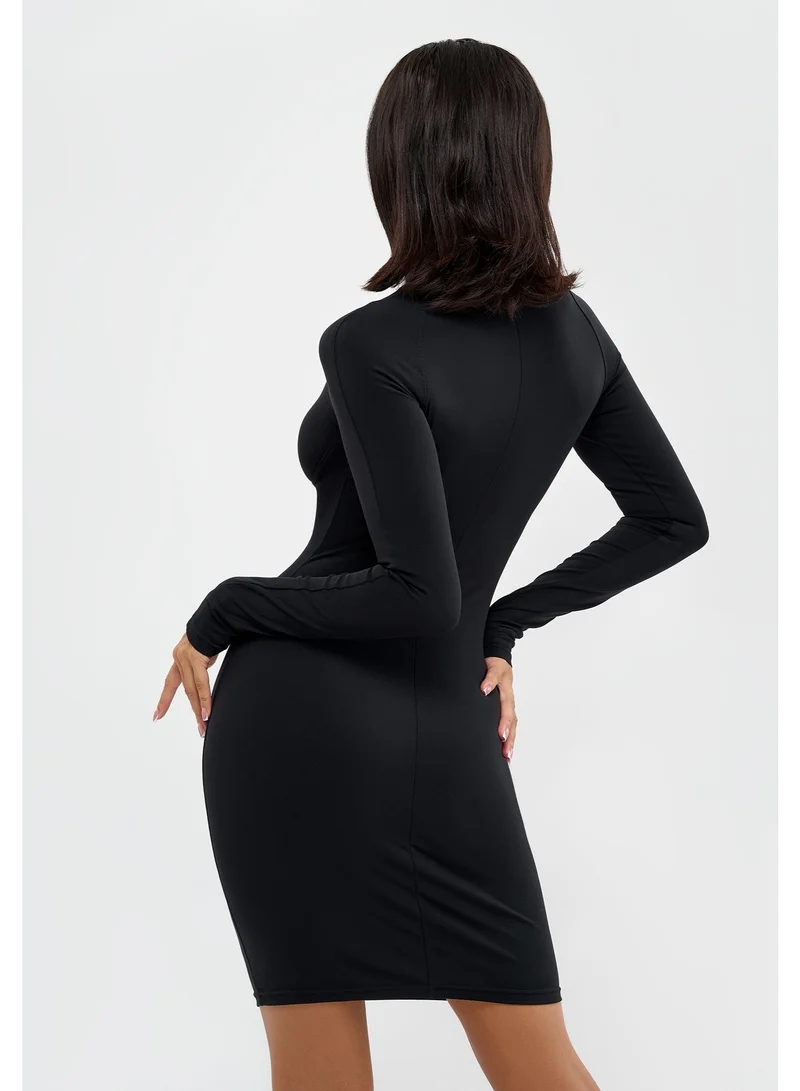 Bona Fide Bona Fide Black Bodycon Dress for Women – Long Sleeve High Neck Mini Dress – Elegant Casual Slim Fit Dress