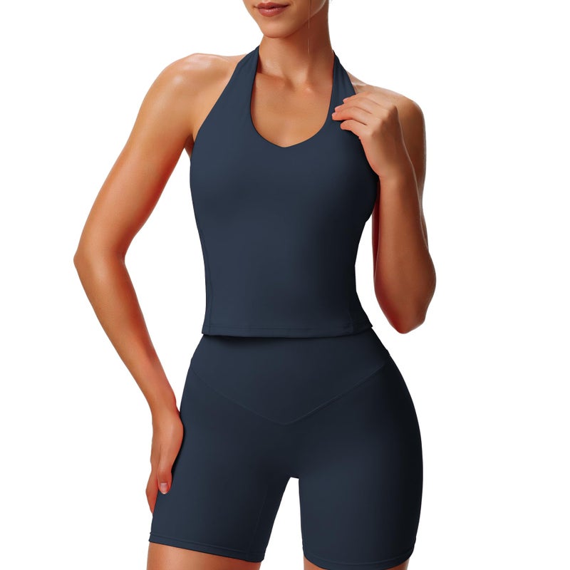 Aoxjox Women's Sleeveless Hailey Halter Tank Tops Workout Athletics Gym Yoga Curve Longline Crop Top (Blueberry, Medium) - Image 1