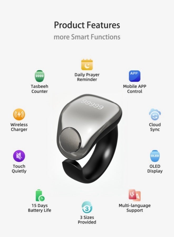 Captaintech Tasbih Zikr Smart Praise Ring, Adjustable Ring Finger Counter with 5 Sizes (16/18/20/22/24mm), APP Support Digital Counter Prayer Reminder Rings, Waterproof 4 Digit Finger Counter Zikr Ring for Musl - Image 3