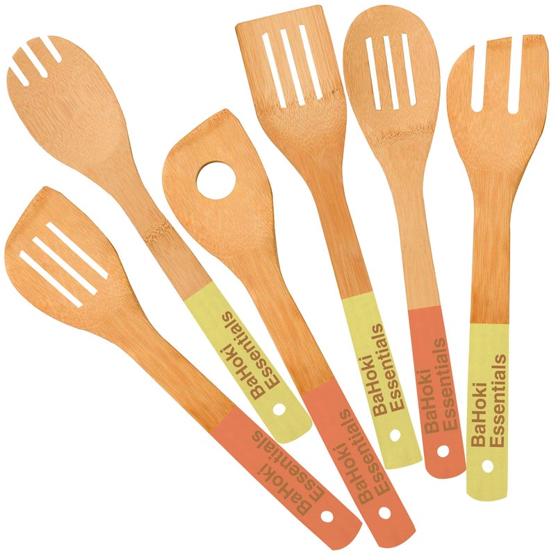 BaHoki Essentials Bamboo Cooking Utensils  Assorted Natural Cooking Wooden Utensils  ChemicalFree  Great for The Average Cook  with Dip Dyed Handles in Yellow and Orange  Set of 6
