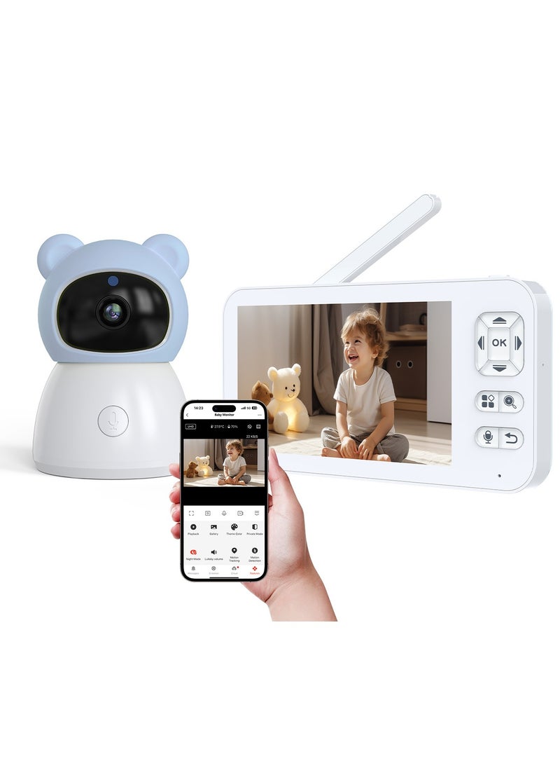 Ayeeb Baby Monitor Toddler Security Portable Wifi Camera Smart Control Wireless Remote Access 1080P Video Rotation Digital Two-way Audio, 5 inch HD Screen Display, Vox Mode Infrared Night Vision Teddy Webcam( Pastel Blue Bear)  - Image 1