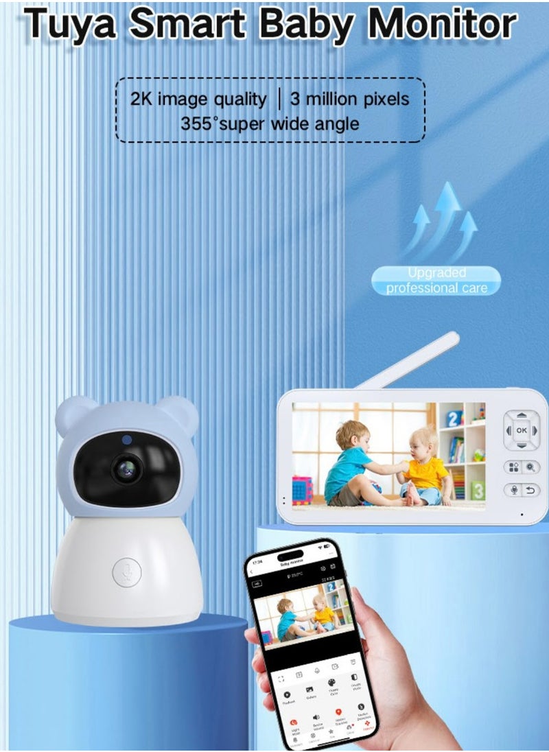 Baby Monitor Toddler Security Portable Wifi Camera Smart Control Wireless Remote Access 1080P Video Rotation Digital Two-way Audio, 5 inch HD Screen Display, Vox Mode Infrared Night Vision Teddy Webcam( Pastel Blue Bear)