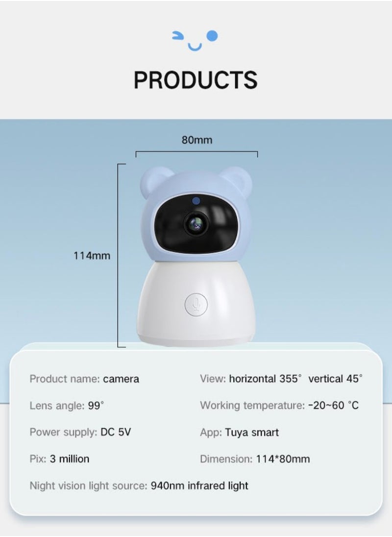 Baby Monitor Toddler Security Portable Wifi Camera Smart Control Wireless Remote Access 1080P Video Rotation Digital Two-way Audio, 5 inch HD Screen Display, Vox Mode Infrared Night Vision Teddy Webcam( Pastel Blue Bear)