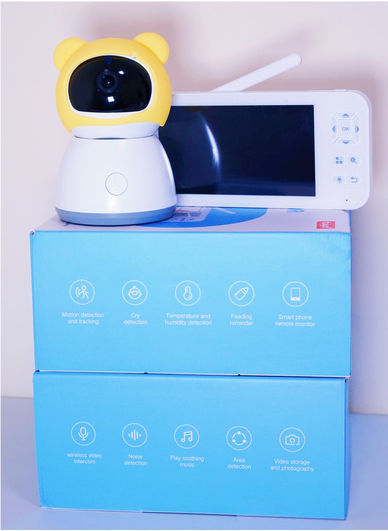 Baby Monitor Toddler Security Portable Wifi Camera Smart Control Wireless Remote Access 1080P Video Rotation Digital Two-way Audio, 5 inch HD Screen Display, Vox Mode Infrared Night Vision Teddy Webcam( Pastel Blue Bear)