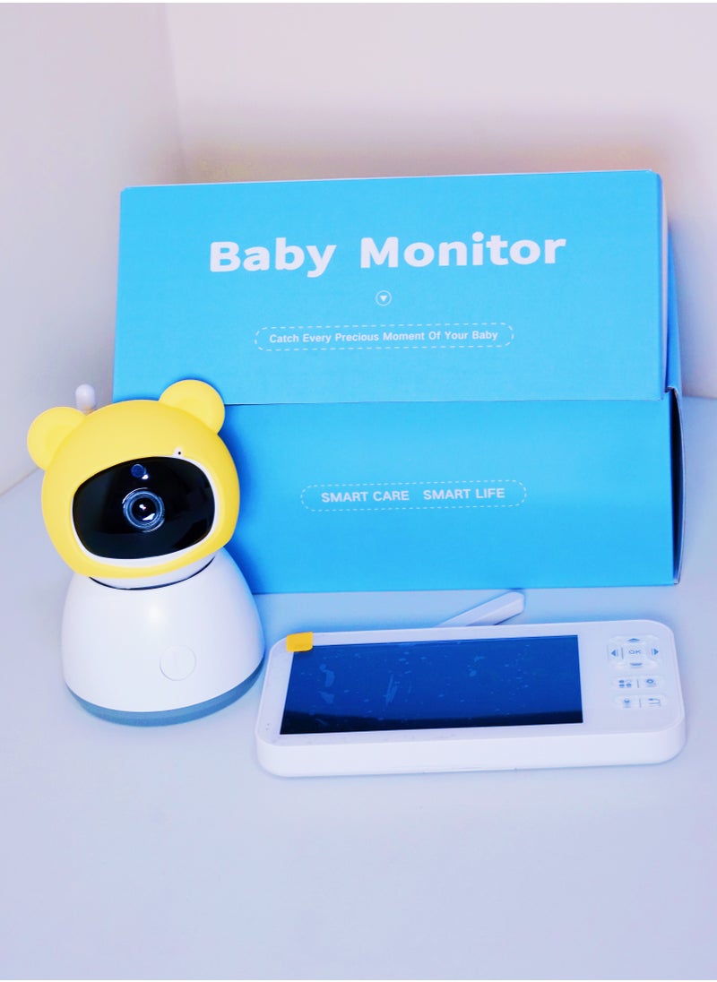 Baby Monitor Toddler Security Portable Wifi Camera Smart Control Wireless Remote Access 1080P Video Rotation Digital Two-way Audio, 5 inch HD Screen Display, Vox Mode Infrared Night Vision Teddy Webcam( Pastel Blue Bear)