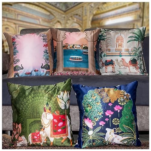 Vendola Decorative Satin Sofa Cushion Covers Set of 5, 18 inch x 18 inch, Ethic, Festive Sofa Pillow Cover, Beige, Blue & Green, Palace, Animal & Cow Design, Zipper Closure (Palace, 18X18 Inches) - Image 1