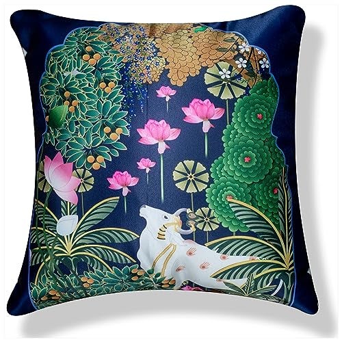 Vendola Decorative Satin Sofa Cushion Covers Set of 5, 18 inch x 18 inch, Ethic, Festive Sofa Pillow Cover, Beige, Blue & Green, Palace, Animal & Cow Design, Zipper Closure (Palace, 18X18 Inches) - Image 2
