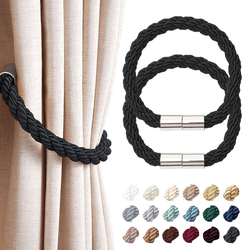 NICEEC 2 Pack Strong Magnetic Curtain Tiebacks Modern Simple Style Drape Tie Backs Convenient Decorative Weave Rope Curtain Holdbacks for Thin or Thick Home  Office Window Draperies Black
