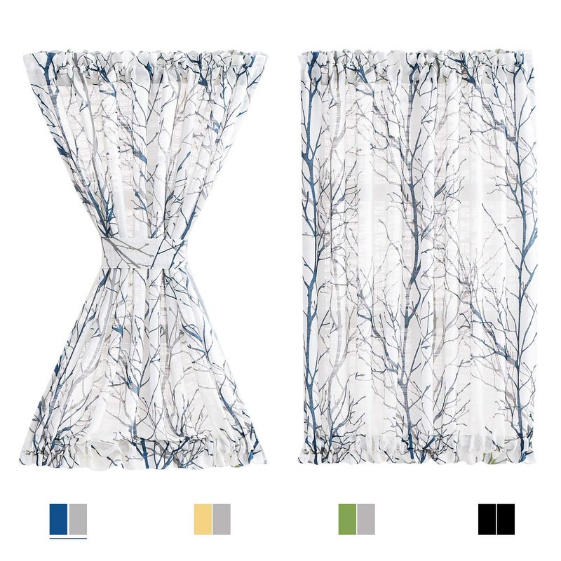 FMFUNCTEX Sheer French Door Curtains 40"" Blue White Semi-Sheer Patio Half Door Panel Branch Tree Print Curtains for Glass Door with 1 Tieback 50"" w 1 Panel - Image 3