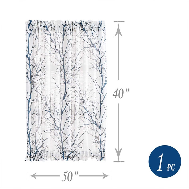 FMFUNCTEX Sheer French Door Curtains 40"" Blue White Semi-Sheer Patio Half Door Panel Branch Tree Print Curtains for Glass Door with 1 Tieback 50"" w 1 Panel - Image 4