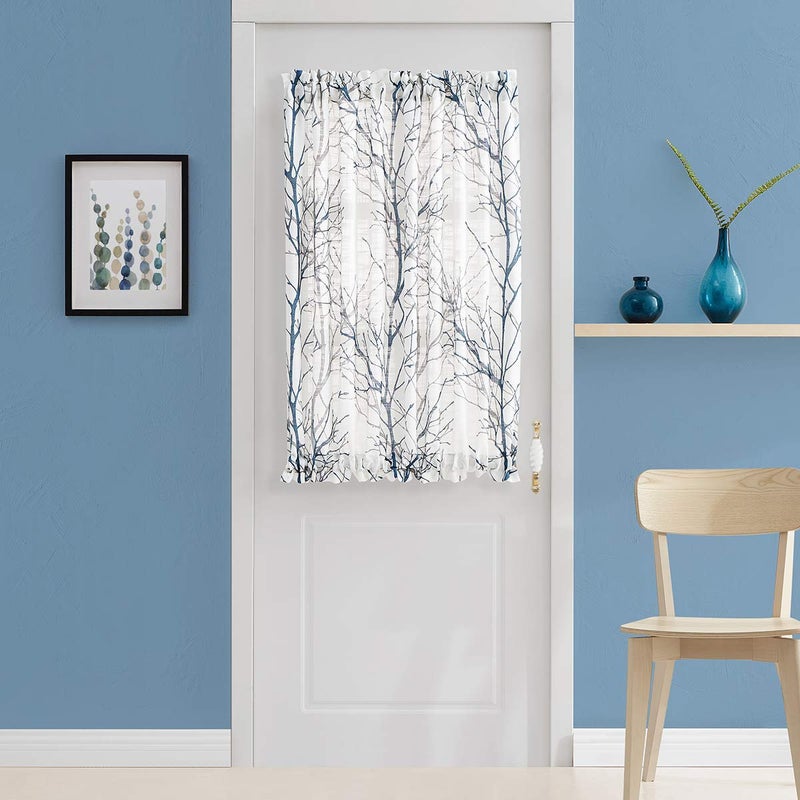FMFUNCTEX Sheer French Door Curtains 40"" Blue White Semi-Sheer Patio Half Door Panel Branch Tree Print Curtains for Glass Door with 1 Tieback 50"" w 1 Panel - Image 2