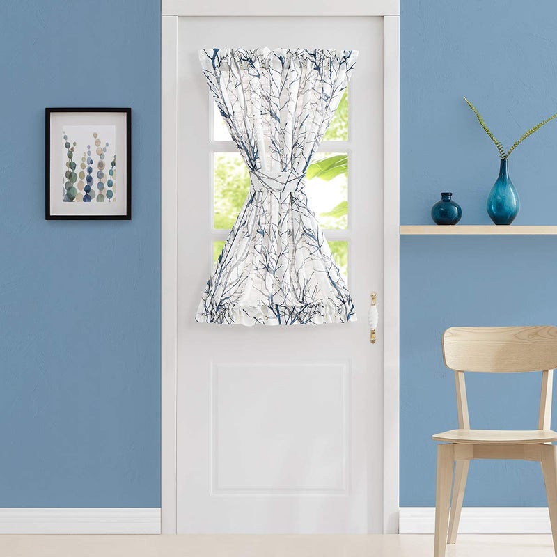 FMFUNCTEX Sheer French Door Curtains 40"" Blue White Semi-Sheer Patio Half Door Panel Branch Tree Print Curtains for Glass Door with 1 Tieback 50"" w 1 Panel - Image 1
