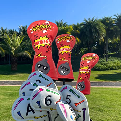 barudan golf Funny BombGolf Fairway Wood Head Cover Red Leather Golf Club Covers for Woods Rotatable 3 4 5 7 X Fairway Headcover for Men or Women Golfer - Image 3