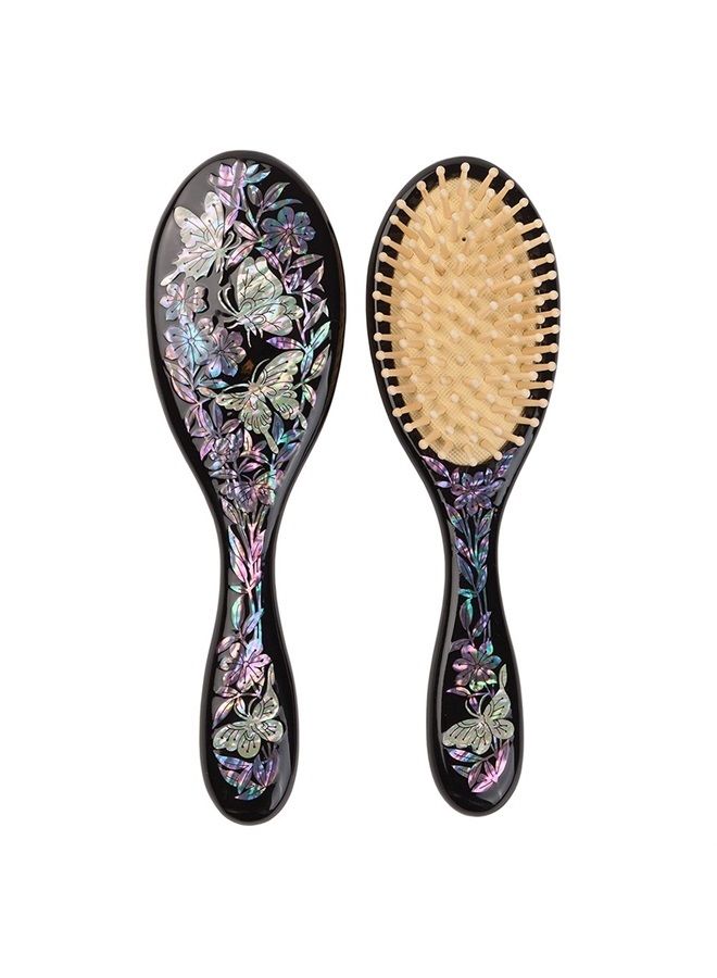 Antique Alive Mother of Pearl Inlay Art Butterfly Flower Luxury Oval Black Salon Styling Hair Brush Detangling Anti Static Scalp Massage Comb Wooden Handle Bristle Cushion Kids Girl Gift Hairbrush - Image 1