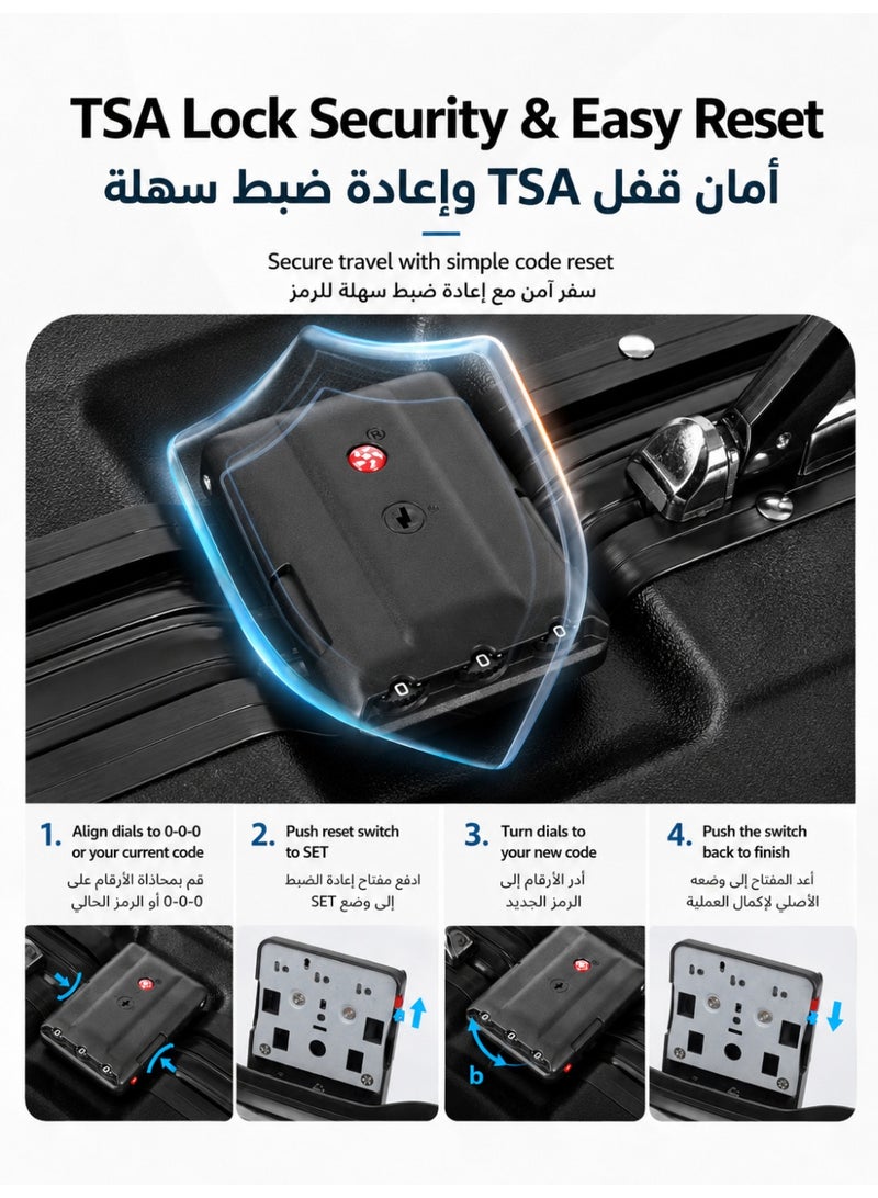 آه آه حقائب سفر محمولة مقاس ٢٠ بوصة، معتمدة من قبل شركات الطيران، بهيكل صلب مع قفل إدارة أمن النقل (TSA) وعجلات دوارة بزاوية ٣٦٠ درجة، مصنوعة بالكامل من مادة البولي كربونات، خفيفة الوزن ومتينة، سوداء اللون، مناسبة للسفر. - Image 2