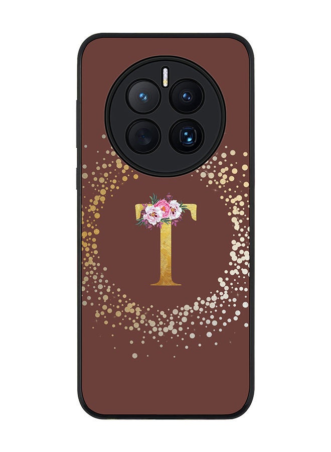 Stylizedd Rugged Black edge case for Huawei Mate 50 Slim fit Soft Case Flexible Rubber Edges TPU Gel Thin Cover - Custom Monogram Initial Letter Floral Pattern Alphabet - T (Brown) - Image 1